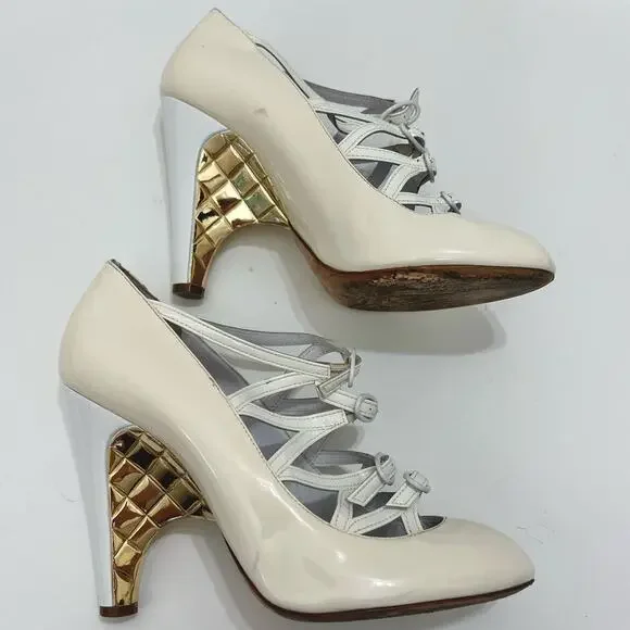 Chanel Buckle Mary Jane Wedge Pumps White Patent Leather Pumps | 39/US 8-8.5 - Picture 5 of 13